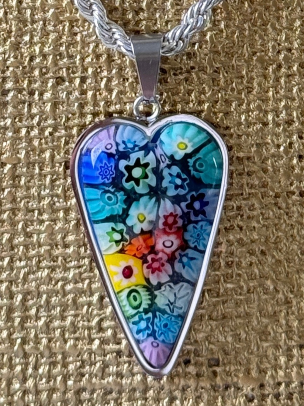 ARTISAN MURANO STYLE Italian Millefiori Heart Shape Pendant Necklace